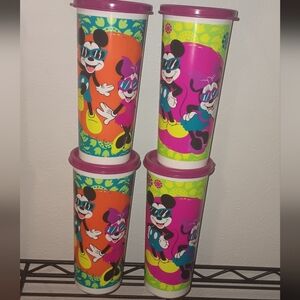 Tupperware Mickey & Minnie Bright Pink, Teal, Yellow Snack Tumblers.
